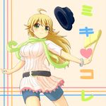  ahoge bag blonde_hair green_eyes handbag hat hoshii_miki idolmaster idolmaster_(classic) idolmaster_1 long_hair md5_mismatch scarf shorts solar_kaichuudentou solo 