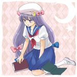  alternate_costume bad_id bad_pixiv_id book bow crescent hat long_hair natsume_(menthol) patchouli_knowledge pink_bow purple_eyes purple_hair school_uniform solo tears touhou 