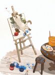  absurdres art_brush bucket bug canvas_(object) cat commentary_request easel highres oimo_imoo original paint paint_tube paintbrush palette_(object) stool table white_background wooden_floor wooden_stool wooden_table 
