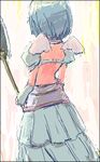  .hack//sign 1girl angel_wings axe back blue_hair detached_sleeves from_behind kurou_(niconicorin) lowres oekaki short_hair skirt solo subaru_(.hack//) weapon wings 