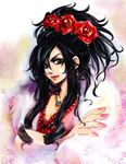  black_hair blue_eyes deborah doraeshi dragon_quest dragon_quest_v earrings feather_boa flower hair_flower hair_ornament jewelry lips necklace rose solo 