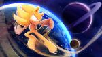 16:9 2025 3_toes 5_fingers absurd_res anthro earth eulipotyphlan feet fingernails fingers flying fur hedgehog hi_res male mammal nails paws planet quills_(anatomy) red_eyes saturn_(planet) sega sheylog smile solo sonic_the_hedgehog sonic_the_hedgehog_(series) space star super_sonic tail toes widescreen yellow_body yellow_fur