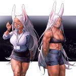  166_172 1girl abs animal_ears arm_behind_back bare_shoulders bike_shorts black_background black_shorts black_skirt black_sports_bra boku_no_hero_academia bottle breasts cleavage clipboard collarbone collared_shirt commentary covered_navel dark-skinned_female dark_skin english_commentary hair_over_one_eye hand_up highres holding holding_bottle holding_clipboard id_card lanyard large_breasts letterboxed long_eyelashes long_hair looking_at_viewer mirko multiple_views office_lady open_mouth parted_bangs pencil_skirt ponytail rabbit_ears rabbit_girl raised_eyebrows red_eyes semi-rimless_eyewear shirt shirt_tucked_in shorts skirt sleeves_rolled_up smile sports_bra teeth thick_thighs thighs toned toned_female very_long_hair watch water_bottle white_hair white_shirt wristwatch 