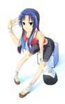  baseball_cap blue_eyes blue_hair denim denim_shorts hat highres kawashima_ami leaning_forward long_hair m.h midriff platform_footwear shorts sitting smile solo tank_top toradora! v wristband 