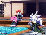  1girl 2boys absurdres amy_rose artist_name bent_over black_pants commission cosplay danganronpa_(series) danganronpa_2:_goodbye_despair dated furry furry_female furry_male gloves green_jacket green_necktie highres hinata_hajime hinata_hajime_(cosplay) hood hood_down hooded_jacket jacket komaeda_nagito komaeda_nagito_(cosplay) long_hair looking_at_viewer mighty_the_armadillo multiple_boys nanami_chiaki nanami_chiaki_(cosplay) necktie pants pink_hair pool red_hair redlerred7 shirt shoes short_sleeves silver_the_hedgehog sitting sonic_(series) sonic_the_hedgehog_(classic) sonic_the_hedgehog_1 water white_gloves white_hair white_shirt 