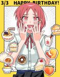  1girl :d blue_skirt blush bowl braid breast_pocket cake chopsticks clothes_around_waist collared_shirt commentary_request cream_puff cupcake dated donut dress_shirt drooling egg food fruit furrowed_brow futsuu_no_keion-bu hands_up happy happy_birthday highres hotategaii icing jacket jacket_around_waist long_hair mole mole_under_eye mouth_drool name_connection neck_ribbon noodles nori_(seaweed) object_namesake open_mouth oyster_pail parted_bangs peach pink_eyes pink_hair pocket pudding red_ribbon ribbon school_uniform shirt shirt_tucked_in short_sleeves shrimp shrimp_tempura skirt smile solo sparkling_eyes sprinkles steamed_bun strawberry_shortcake takeout_container tempura twin_braids twintails uchida_momo white_shirt wing_collar 
