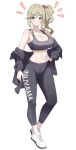  1girl absurdres black_jacket black_pants black_sports_bra breasts brown_hair cleavage commentary_request commission full_body green_eyes highres inuyama_aoi jacket korean_commentary kurochomo large_breasts medium_hair navel pants shoes side_ponytail smile solo sports_bra stomach thick_eyebrows white_background white_shoes yoga_pants yurucamp 