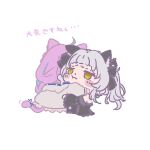  ... 2girls :t ahoge animal_ears black_ribbon black_sleeves blush_stickers braid brown_eyes cat_ears cat_girl cat_tail chibi chibi_only commentary detached_sleeves facing_away frilled_ribbon frills frown full_body grey_hair hair_ribbon hololive hood hood_down hooded_jacket hug jacket kharuhi9637 long_hair long_sleeves minato_aqua minato_aqua_(sailor) multicolored_hair multiple_girls murasaki_shion murasaki_shion_(gothic_lolita) mutual_hug pout purple_hair ribbon simple_background streaked_hair tail tail_ornament tail_ribbon translation_request twin_braids twintails two-tone_hair virtual_youtuber white_background white_jacket 