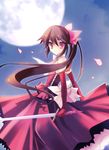  bare_shoulders blade brown_hair copyright_request dress elbow_gloves gloves long_hair moon petals ponytail red_eyes ribbon solo sword toranosuke weapon wind 