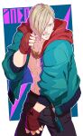  1boy abs aduti_momoyama arm_up asymmetrical_hair bare_pectorals black_pants blonde_hair blue_eyes clenched_hand clenched_teeth commentary_request ed_(street_fighter) hair_over_one_eye hand_wraps highres hood hood_down hooded_jacket jacket jewelry looking_ahead male_focus multicolored_jacket navel necklace one_eye_covered pants pectorals road solo standing street street_fighter street_fighter_6 teeth unzipped zipper zipper_pull_tab 