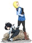 2girls alita android android_18 arm_behind_back battle_angel_alita belt black_bodysuit black_gloves black_hair black_pantyhose black_shirt blonde_hair blue_eyes bodysuit boots breasts brick_wall broken brown_belt brown_boots brown_eyes crossover cyborg denim denim_jacket denim_skirt dragon_ball dragon_ball_z fingerless_gloves full_body gloves hands_in_pockets holding holding_knife holding_weapon jacket knee_boots kneeling knife looking_at_viewer looking_back looking_to_the_side mechanical_arms mechanical_legs medium_breasts medium_hair multiple_girls on_one_knee pantyhose red_ribbon ribbon science_fiction shirt shopyun skirt striped_sleeves tile_floor tiles weapon white_background 