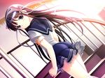  animal_ears aqua_eyes black_hair blush cat_ears dutch_angle game_cg hiide long_hair looking_back ribbon school_uniform serafuku skirt skirt_lift solo stairs sunlight yotsunoha yuki_arisa 