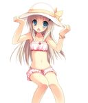  :o aqua_eyes bloomers blue_eyes fang hands_on_headwear hat knees_touching little_busters! long_hair midriff navel noumi_kudryavka ribbon silver_hair simple_background sitting solo sun_hat toranosuke underwear white_hair 