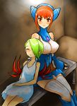  blush breasts breath_of_fire breath_of_fire_v dress elbow_gloves flat_chest gloves green_hair han_(jackpot) large_breasts lin_(breath_of_fire) multiple_girls nina_(breath_of_fire_v) orange_hair red_wings short_hair sleeping thighhighs wings 