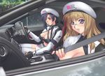  blonde_hair blue_hair breasts car car_interior cleavage glasses ground_vehicle hat highres large_breasts motor_vehicle multiple_girls nissan nissan_gt-r r1 race_queen right-hand_drive thighhighs 