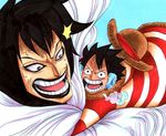  black_hair caesar_clown earmuffs hat jacket marker_(medium) monkey_d_luffy monster_boy multiple_boys one_piece straw_hat striped_clothes takatin traditional_media 