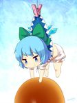  &gt;:) artist_name bloomers blue_eyes blue_hair blueberry_(5959) bow bread chibi cirno dress dress_lift food hair_bow highres minigirl short_hair smile solo touhou underwear v-shaped_eyebrows wings 