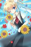  air blonde_hair blue_eyes flower kamio_misuzu long_hair one_eye_closed ponytail sagiri_neon school_uniform smile solo sunflower 