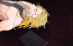  abs bad_id bad_pixiv_id blonde_hair book chinese diary dio_brando fingerless_gloves ghost gloves highres jojo_no_kimyou_na_bouken male_focus muscle shooting-star-on sleeping solo 