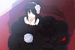  alternate_hairstyle bad_id bad_pixiv_id bare_shoulders black_hair bouquet breasts cleavage collarbone cross date_a_live dress elbow_gloves flower gloves hair_ornament highres looking_at_viewer medium_breasts open_mouth petals red_eyes rose see-through short_hair solo star tokisaki_kurumi uiu veil wedding_dress 