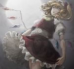  bad_id bad_pixiv_id blonde_hair blouse crystal flandre_scarlet floating_hair full_moon grey moon moonlight night potyo1102 puffy_short_sleeves puffy_sleeves short_hair short_sleeves side_ponytail skirt skirt_lift skirt_set solo touhou wind wings 