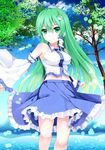  blush breasts cloud day detached_sleeves frog_hair_ornament green_eyes green_hair hair_ornament henet_hene kochiya_sanae long_hair medium_breasts panties skirt sky snake_hair_ornament solo touhou tree underwear water 