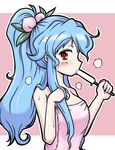  after_shower alternate_hairstyle blue_hair eruru_(erl) food fruit hair_ornament hand_in_hair highres hinanawi_tenshi long_hair looking_at_viewer naked_towel peach pink_background ponytail popsicle red_eyes solo spilling sweat tongue tongue_out touhou towel wavy_hair 