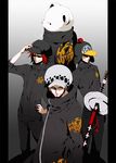  4boys bear bepo earrings fuzzy_hat hat hat_pompom heart_pirates jewelry jolly_roger jumpsuit male male_focus multiple_boys nodachi one_piece penguin_(one_piece) pirate red_hair shachi_(one_piece) sheath sheathed standing sunglasses takuhe_0410 tattoo trafalgar_law weapon 