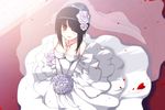  alternate_hairstyle bare_shoulders black_hair bouquet breasts cleavage collarbone cross date_a_live dress elbow_gloves flower gloves hair_ornament hair_over_one_eye highres large_breasts looking_at_viewer open_mouth petals red_eyes rose see-through short_hair solo star tokisaki_kurumi uiu veil wedding_dress 