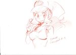  1girl baseball_cap breasts bust colored_pencil_(medium) hat long_hair naso4 open_clothes open_vest pencil_crayon_(medium) poke_ball pokemon pokemon_(game) pokemon_bw ponytail sketch taut_clothes touko_(pokemon) traditional_media upper_body vest 