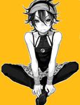  belt choker greyscale headband jojo_no_kimyou_na_bouken maca_(tunic) male_focus monochrome narancia_ghirga solo yellow_background 