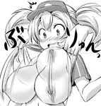  akaza assisted_exposure bouncing_breasts breasts greyscale hataraku_maou-sama! large_breasts monochrome nipples open_mouth sasaki_chiho short_twintails translated twintails visor_cap 