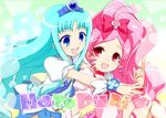  :d blue_eyes blue_hair blue_skirt blush bow choker cure_blossom cure_marine fujieda_miyabi hanasaki_tsubomi heartcatch_precure! highres hug hug_from_behind index_finger_raised kurumi_erika long_hair multiple_girls open_mouth outstretched_arms pink_bow pink_choker pink_eyes pink_hair ponytail precure skirt smile 