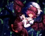  animal_ears bamboo black_legwear brown_wings dress dress_shirt fay_(pixiv146922) feathered_wings feathers full_moon hat interlocked_fingers long_sleeves moon mystia_lorelei night pink_hair red_eyes shirt short_hair smile solo thighhighs touhou wings 