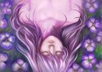  closed_eyes darker_than_black flower long_hair lying nude plant purple_hair sleeping solo upside-down waxeecap yin 