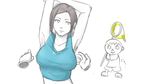  1girl armpits arms_up breasts butterfly_net clothes_writing disembodied_limb doubutsu_no_mori grey_hair hand_net hands large_breasts long_hair ponytail stretch super_smash_bros. tank_top tayura77 villager_(doubutsu_no_mori) white_skin wii_fit wii_fit_trainer 