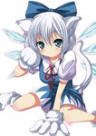  animal_ears blue_eyes blue_skirt bow cat_ears cat_tail cirno gloves hair_bow highres ice ice_wings kemonomimi_mode looking_at_viewer ma-yu paw_gloves paw_pose paw_shoes paws puffy_sleeves shirt shoes short_sleeves silver_hair simple_background sitting skirt solo tail touhou wariza white_background wings 