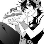  belt cake choker congratulations dithering english food fork greyscale halftone headband jojo_no_kimyou_na_bouken maca_(tunic) male_focus monochrome mouth_hold narancia_ghirga plate simple_background sitting solo white_background 