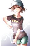  alternate_costume biribiri brown_eyes brown_hair casual electricity hat heart heart_print highres looking_at_viewer misaka_mikoto open_mouth shirt short_hair shorts solo t-shirt to_aru_kagaku_no_railgun to_aru_majutsu_no_index 