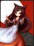  amanojaku animal_ears bad_id bad_pixiv_id brooch brown_hair dress fang fingernails full_moon highres imaizumi_kagerou jewelry long_fingernails long_hair long_sleeves moon open_mouth red_eyes smile solo touhou wolf_ears 