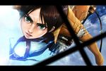  1boy black_hair brown_hair cable close-up cloud eren_jaeger eren_yeager flight foreshortening green_eyes insignia jacket lens_flare letterboxed lips lun2004 shingeki_no_kyojin sky solo sword three-dimensional_maneuver_gear weapon wrinkles 