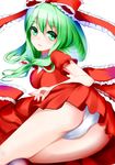  boots bow breasts frills front_ponytail green_eyes green_hair hair_bow hair_ribbon henet_hene kagiyama_hina long_hair lying medium_breasts panties pantyshot pantyshot_(lying) red_skirt ribbon skirt skirt_lift smile solo touhou underwear white_panties 