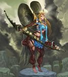  angel angel_wings arrow barefoot blonde_hair bow_(weapon) braid breasts cloud cloudy_sky eyelashes feathered_wings feathers forehead_jewel french_braid greaves hair_feathers hector_enrique_sevilla_lujan large_breasts lips long_hair nose original quiver sky solo toenail_polish underboob vambraces weapon wings yellow_eyes 
