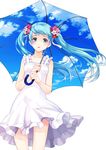  aqua_eyes aqua_hair cloud dress floating_hair flower hair_flower hair_ornament harupy hatsune_miku highres long_hair sky sky_print solo twintails umbrella vocaloid white_background white_dress 