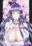  breasts cherry_blossoms hand_on_own_chest huge_breasts hyuuga_hinata long_hair md5_mismatch naruto naruto_(series) open_clothes open_shirt purple_hair shirt smile solo takamura_sino white_eyes 