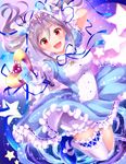  aireenhp angel_wings blush crown frills gloves heart idolmaster idolmaster_cinderella_girls jewelry kanzaki_ranko magical_girl necklace open_mouth puffy_sleeves red_eyes short_hair short_sleeves silver_hair solo star thighhighs tiara twintails wand white_legwear wings 