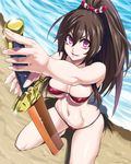  :&gt; beach bikini brown_hair highres ifuji_shinsen itou_ittousai_(sengoku_collection) long_hair md5_mismatch micro_bikini navel pink_eyes planted_sword planted_weapon ponytail red_bikini sengoku_collection solo swimsuit sword v-shaped_eyebrows weapon wide_ponytail 