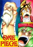  3boys beard cavendish chinjao copyright_name dressrosa facial_hair facial_mark fake_mustache hat helmet long_hair male male_focus marker_(medium) monkey_d_luffy multiple_boys mustache one_piece takatin tattoo traditional_media 