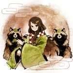  animal_ears bad_id bad_pixiv_id brown_eyes brown_hair egasumi futatsuiwa_mamizou futatsuiwa_mamizou_(human) glasses highres hima_(mizu_ni_tsuyoi) leaf leaf_on_head pince-nez raccoon_ears raccoon_tail short_hair smile solo tail tanuki touhou translation_request whorled_clouds wide_sleeves 