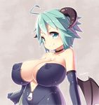  &gt;:) ahoge blue_eyes blue_hair blueberry_(5959) breasts choker covered_nipples demon_girl demon_wings elbow_gloves gloves horns huge_breasts navel original skin_tight smile solo v-shaped_eyebrows wings zipper 